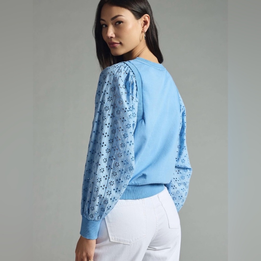 Anthropologie Pilcro Women Washed Eyelet Blue Sweatshirt Top Size XXS Preppy - Picture 2 of 16